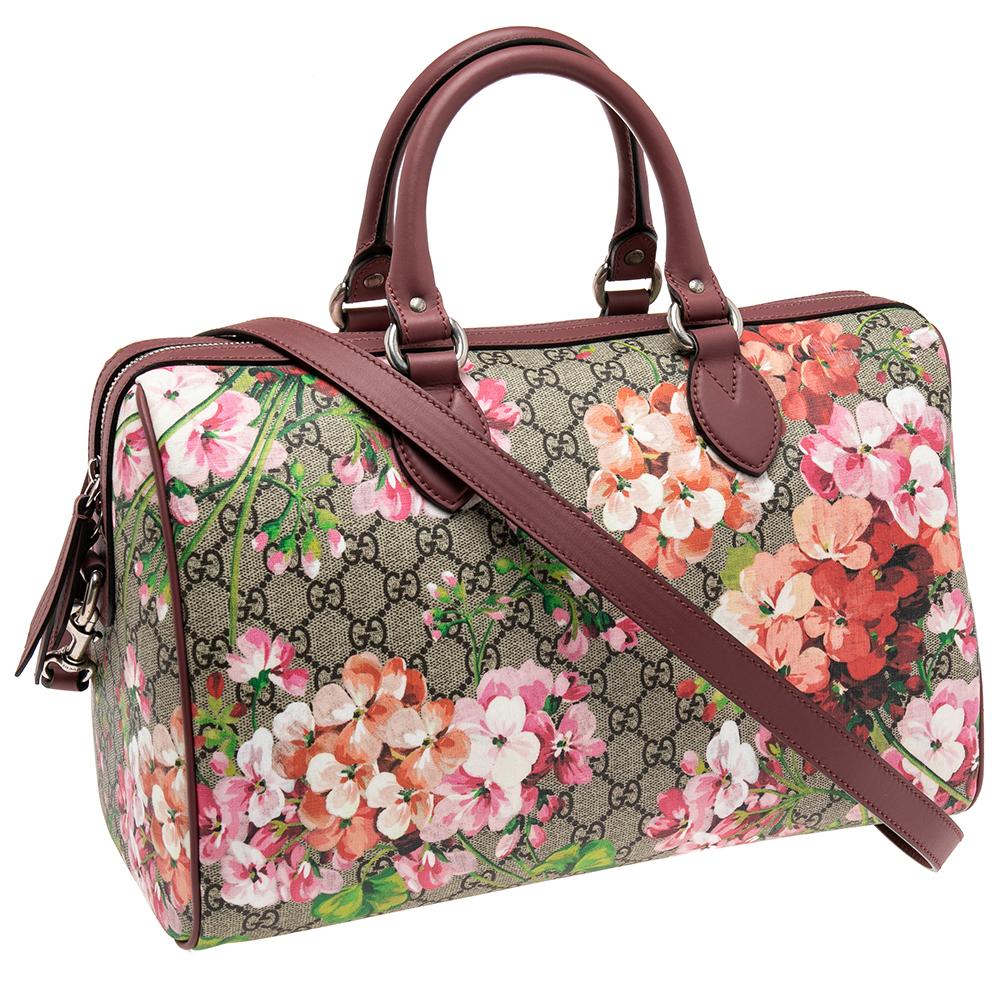 Women's Gucci Pink/Beige GG Supreme Canvas Medium Blooms Boston Bag