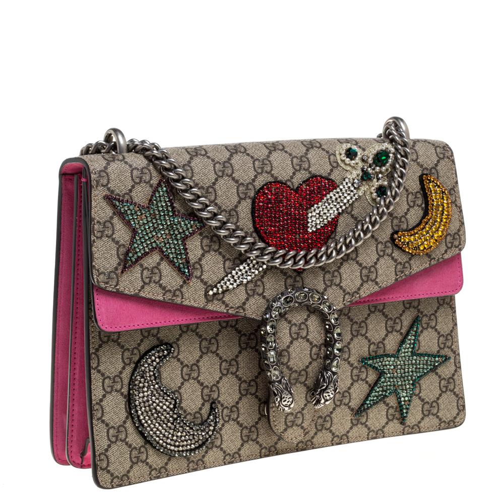 Gray Gucci Pink/Beige GG Supreme Canvas &  Suede Medium Crsytal Dionysus Shoulder Bag