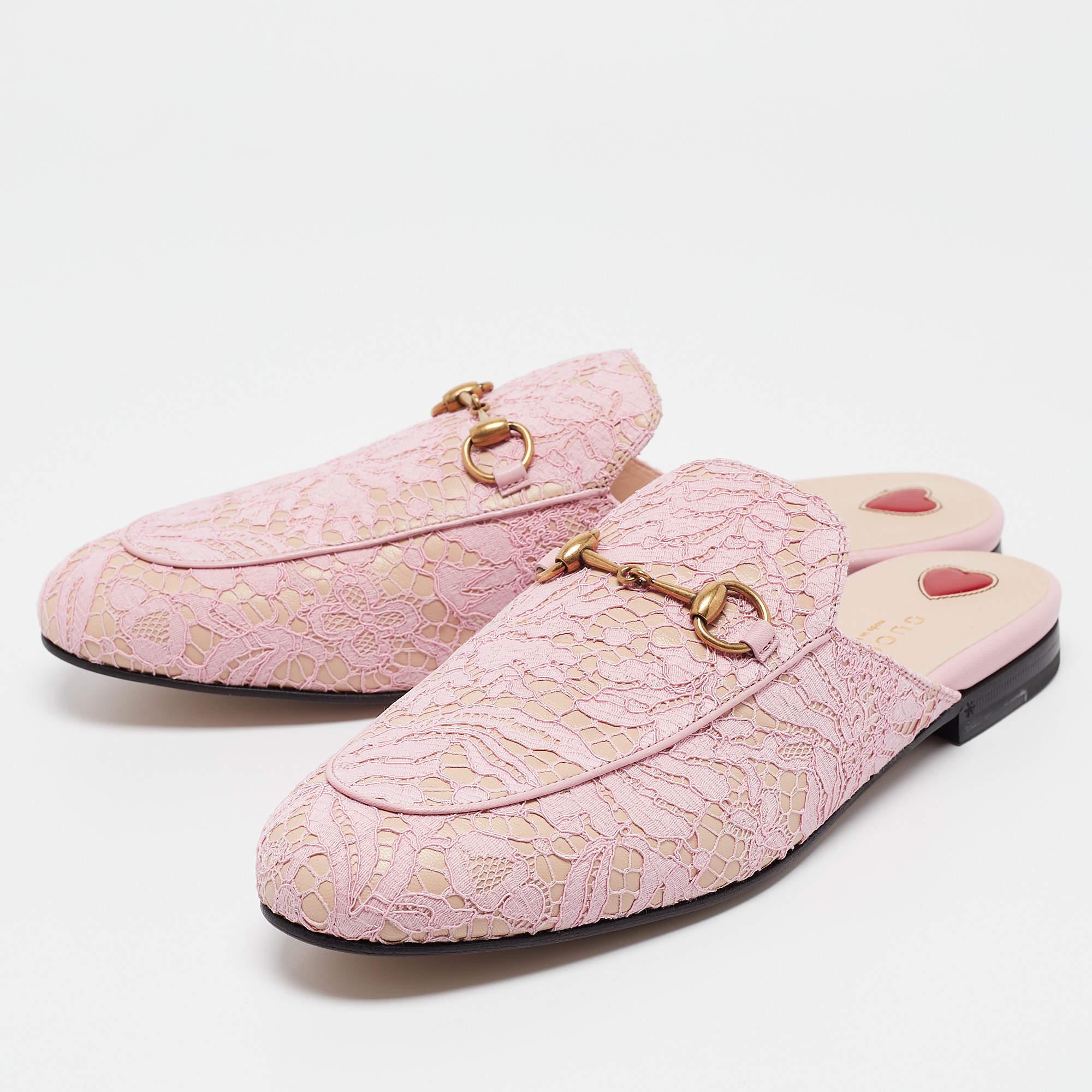 This popular pair of mules from Gucci looks even better on the feet. The shoes have an elegant design made from lace and leather  finished with the iconic Horsebit.