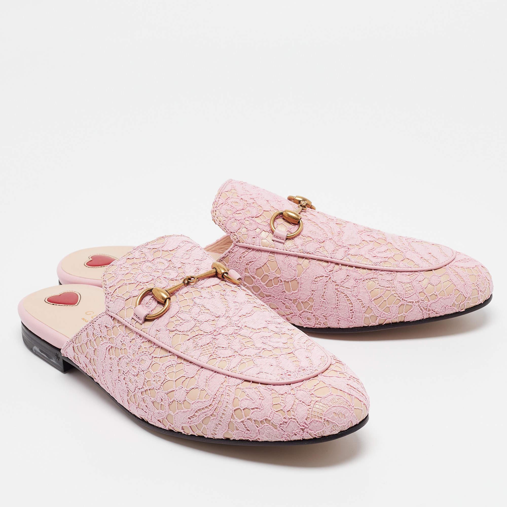Women's Gucci Pink/Beige Lace and Leather Princetown Flat Mules Size 40