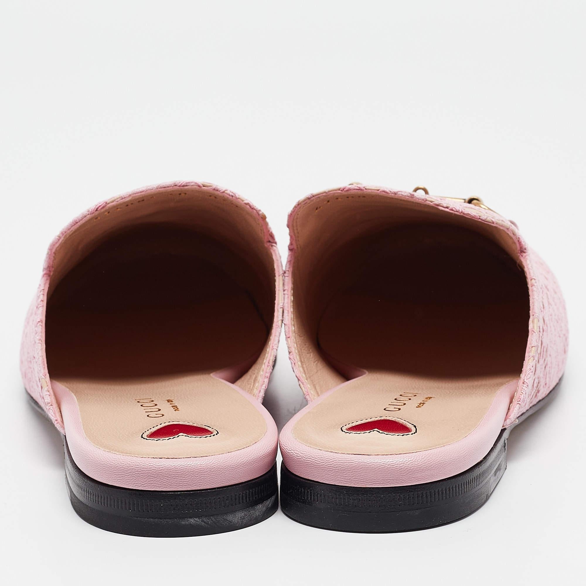 Gucci Pink/Beige Lace and Leather Princetown Flat Mules Size 40 1