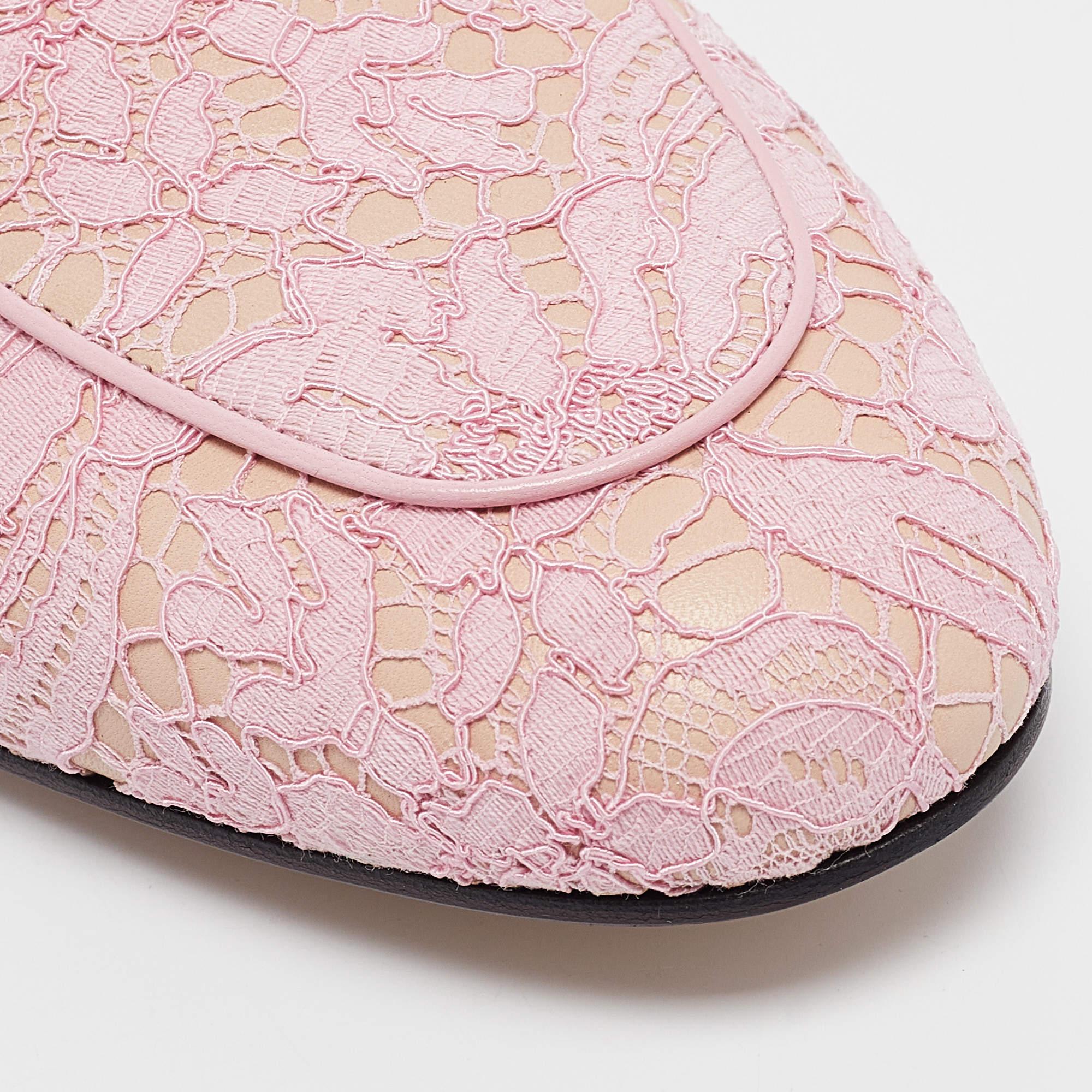Gucci Pink/Beige Lace and Leather Princetown Flat Mules Size 40 3