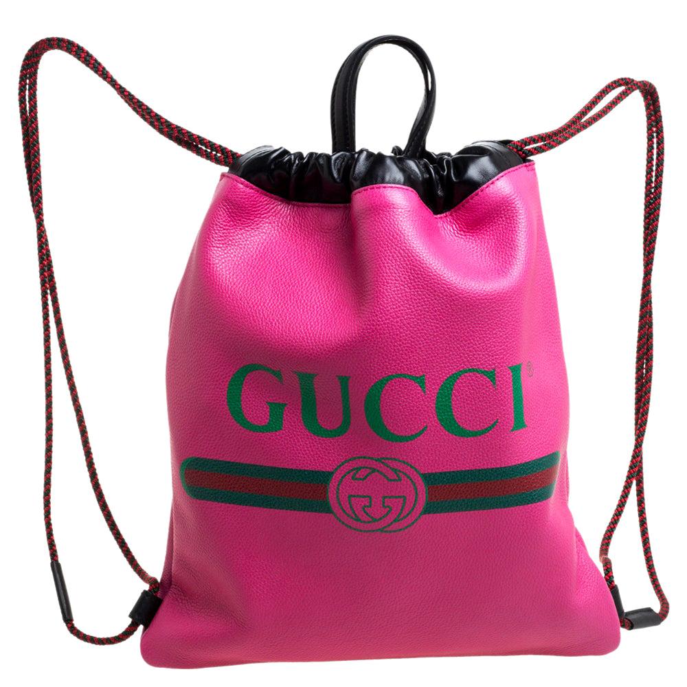 Gucci Pink/Black Grained Leather Logo Drawstring Backpack