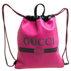 Gucci Pink/Black Grained Leather Logo Drawstring Backpack