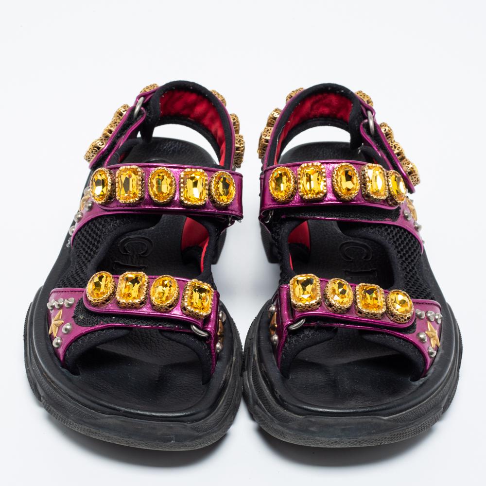 Gucci Pink Black Mesh And Leather Crystal Embellished Aguru