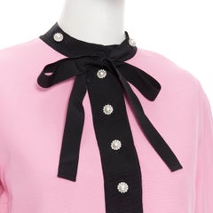 GUCCI pink black pearl crystal buttons bow tie ruffle trim cocktail dress IT42