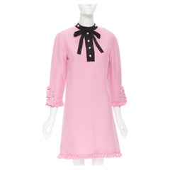 GUCCI pink black pearl crystal buttons bow tie ruffle trim cocktail dress IT42