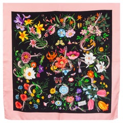 GUCCI pink black silk FLORA SNAKE Print Scarf