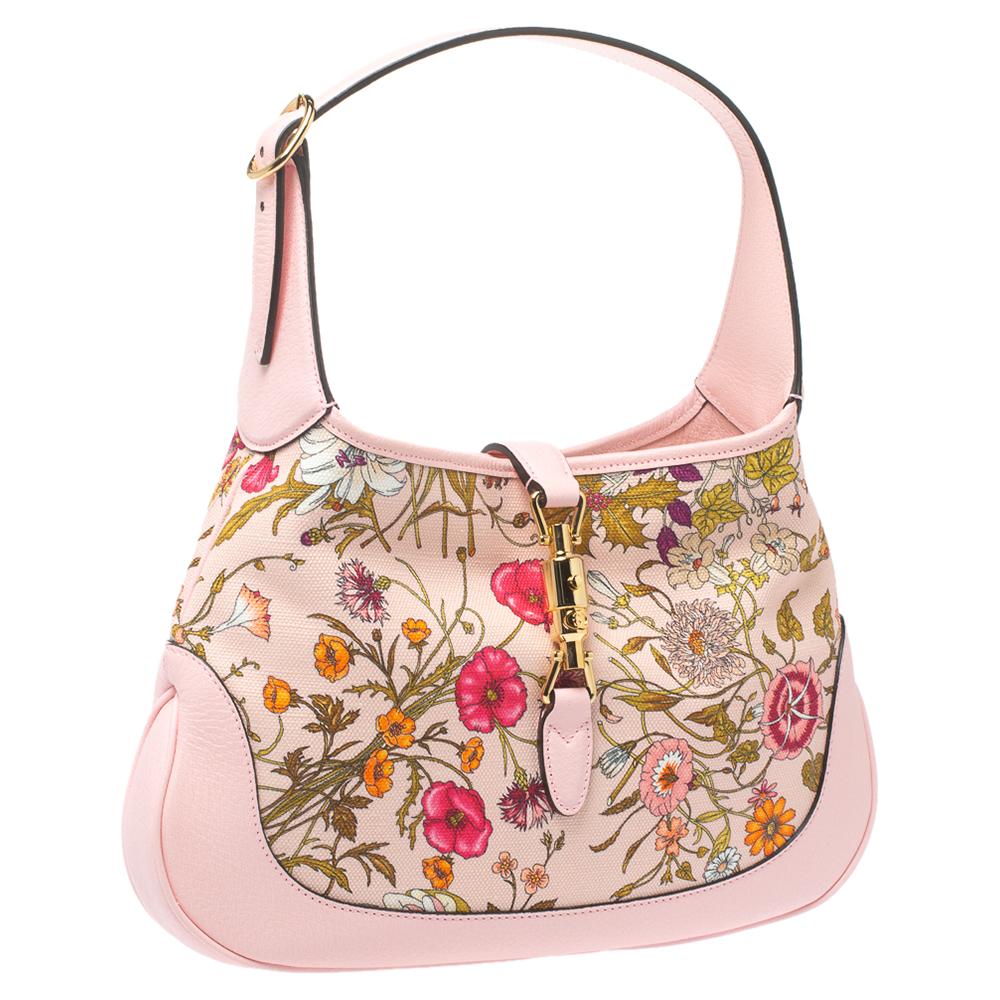 Beige Gucci Pink Botanical Print Canvas and Leather Medium Limited Edition Jackie Hobo