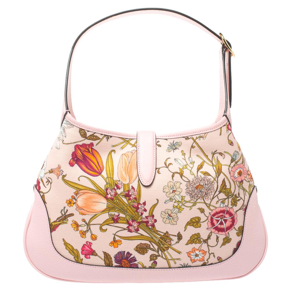 Gucci Pink Botanical Print Canvas and Leather Medium Limited Edition Jackie Hobo In New Condition In Dubai, Al Qouz 2