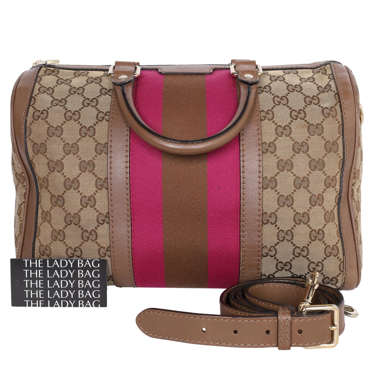 Gucci Pink Brown Web Boston Bag GG Canvas Cross Body Bag For Sale 6