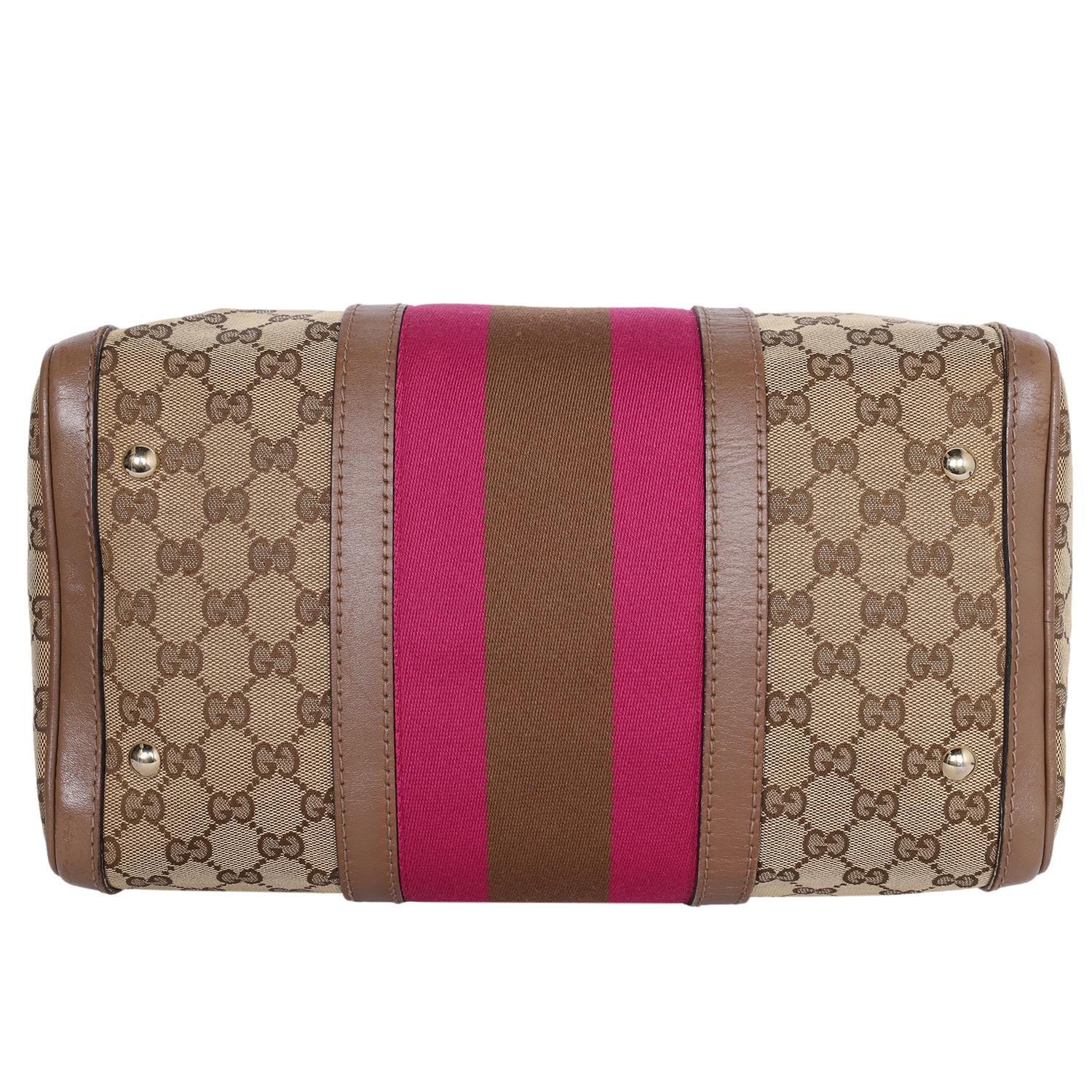 Gucci Pink Brown Web Boston Bag GG Canvas Cross Body Bag For Sale 7