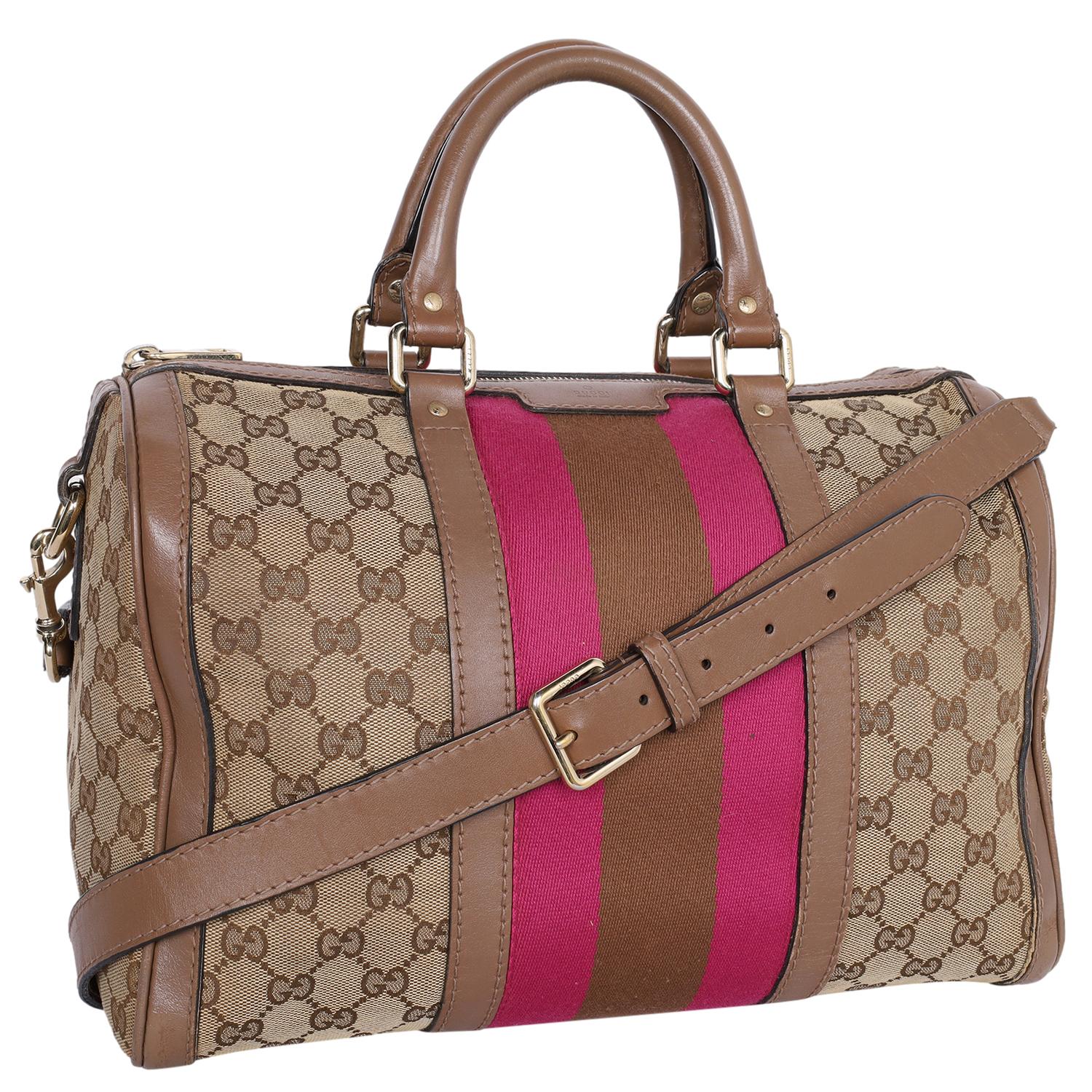 Gucci Pink Brown Web Boston Bag GG Canvas Cross Body Bag In Good Condition For Sale In Salt Lake Cty, UT