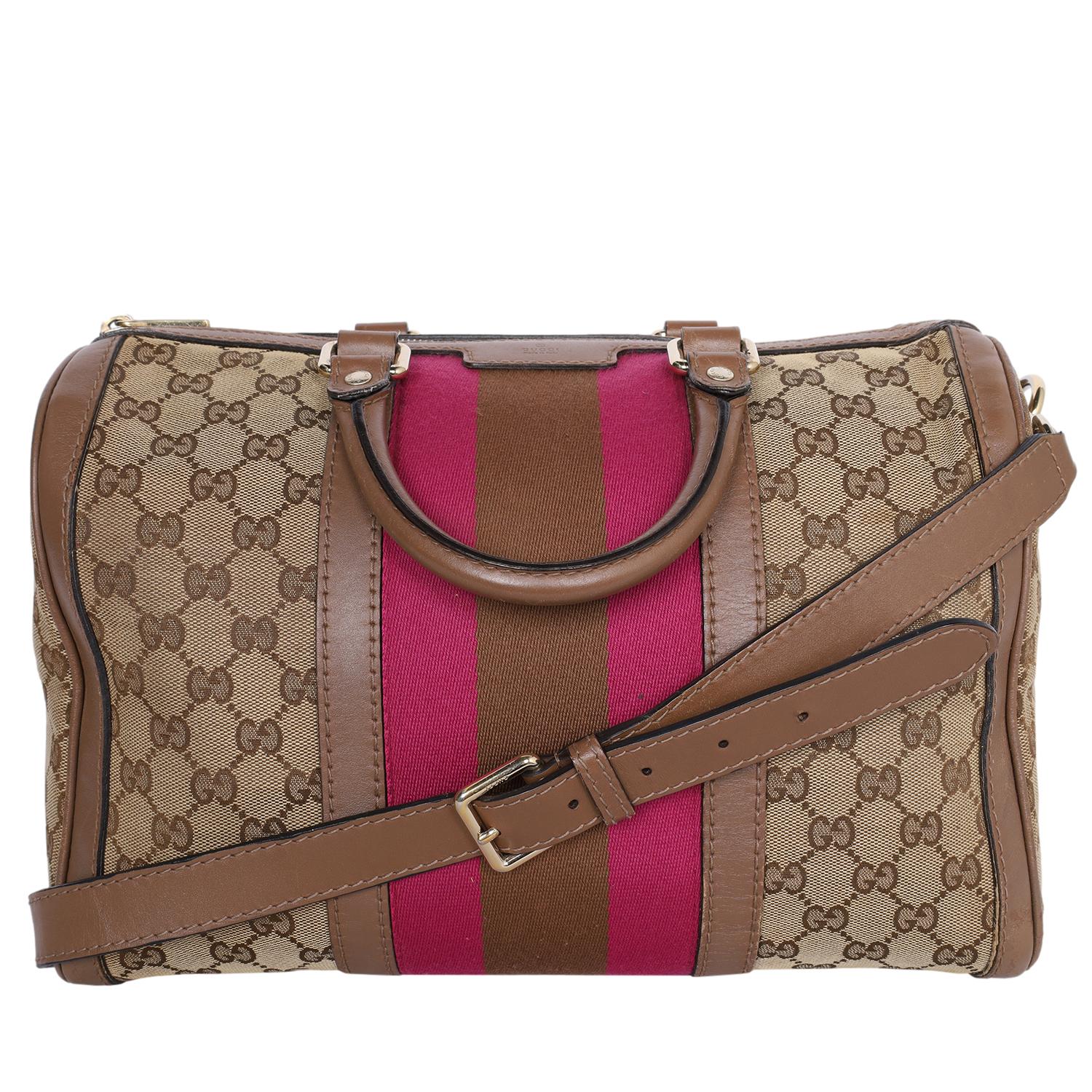 Women's or Men's Gucci Pink Brown Web Boston Bag GG Canvas Cross Body Bag For Sale