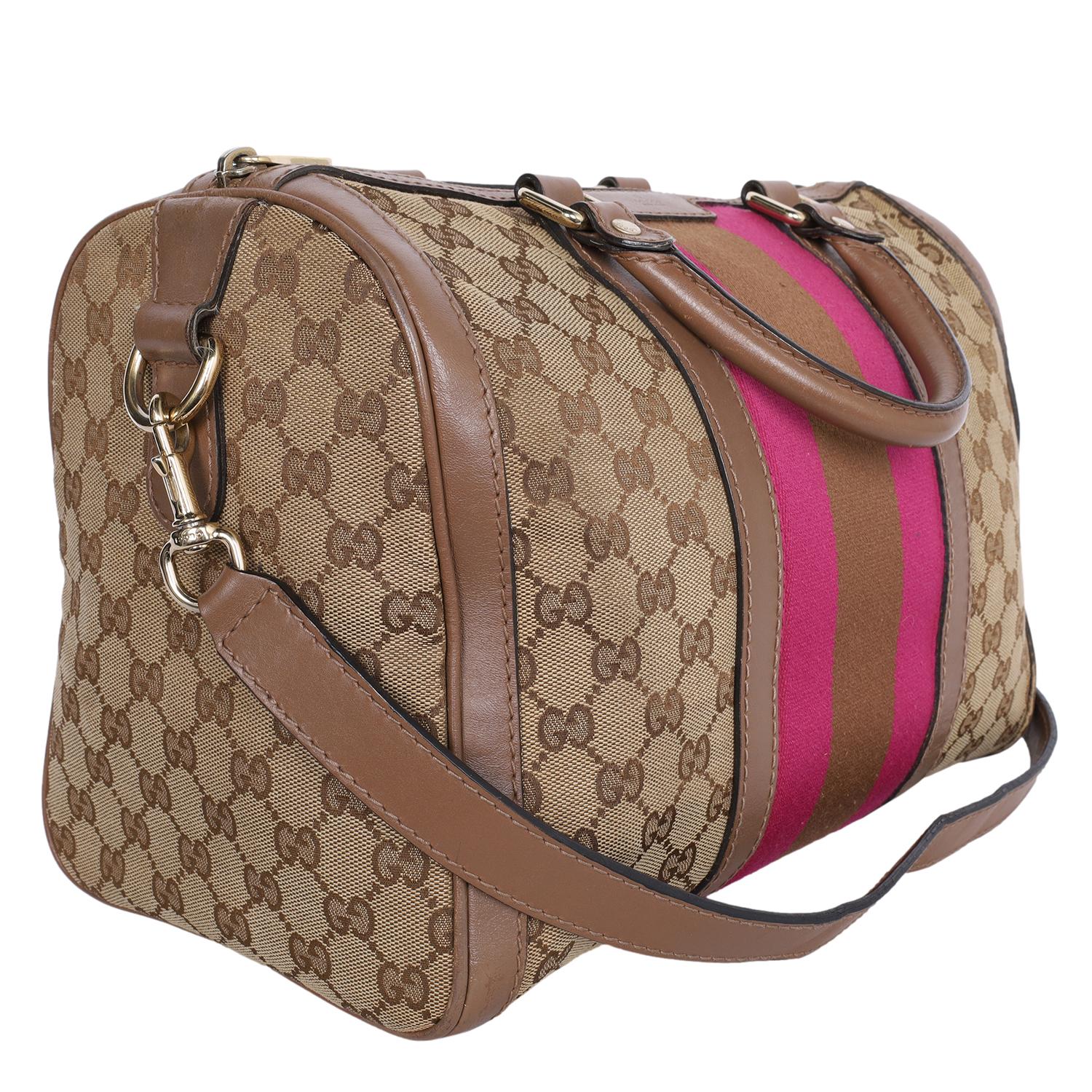 Gucci Pink Brown Web Boston Bag GG Canvas Cross Body Bag For Sale 1