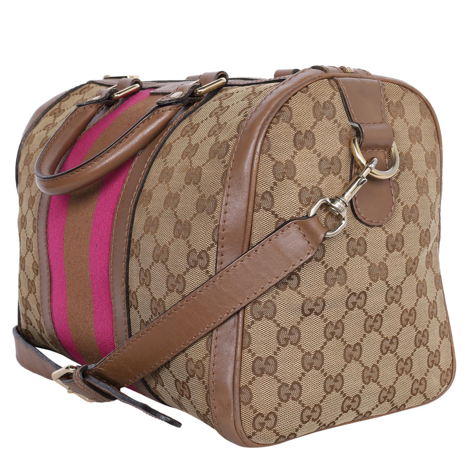 Gucci Pink Brown Web Boston Bag GG Canvas Cross Body Bag For Sale 2