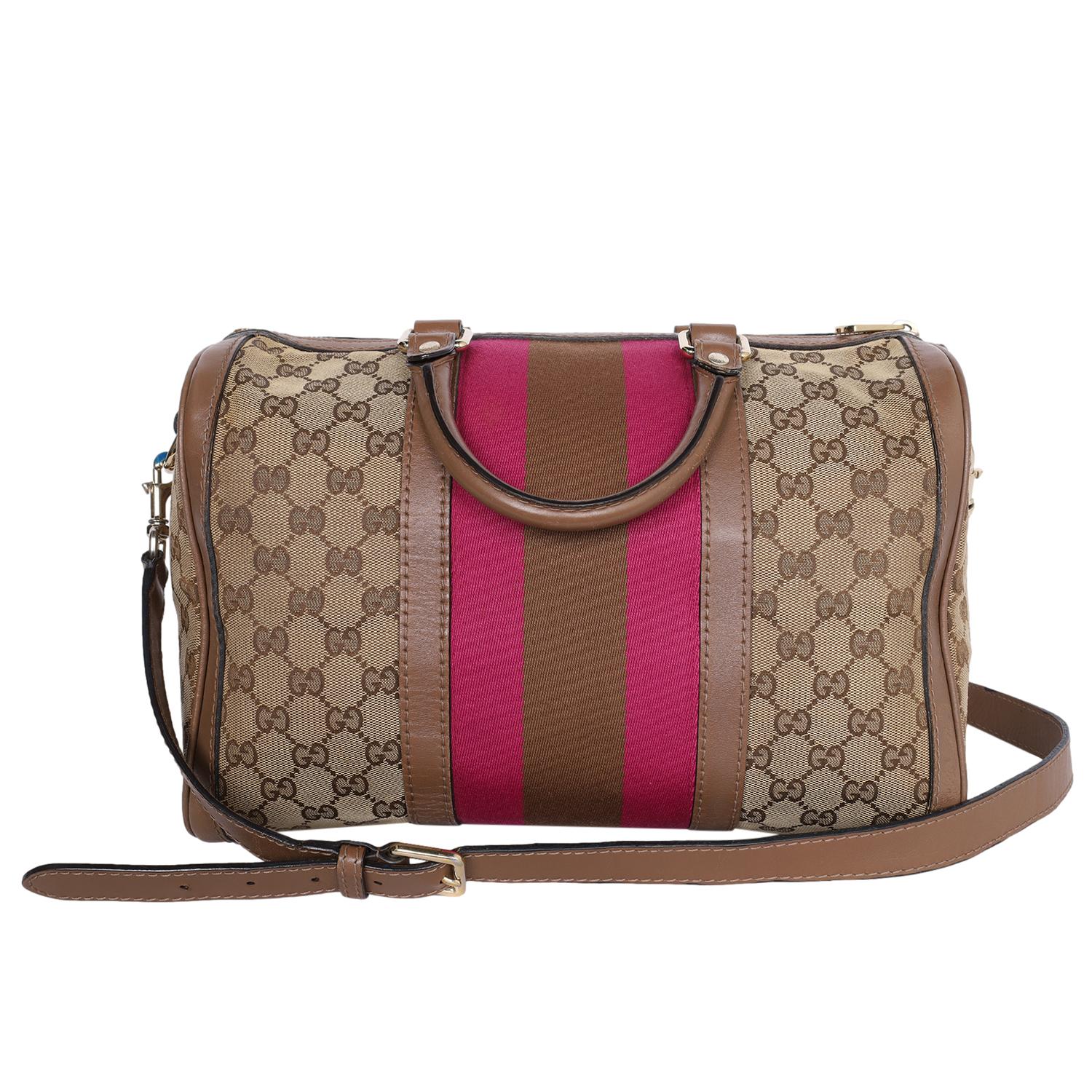 Gucci Pink Brown Web Boston Bag GG Canvas Cross Body Bag For Sale 3