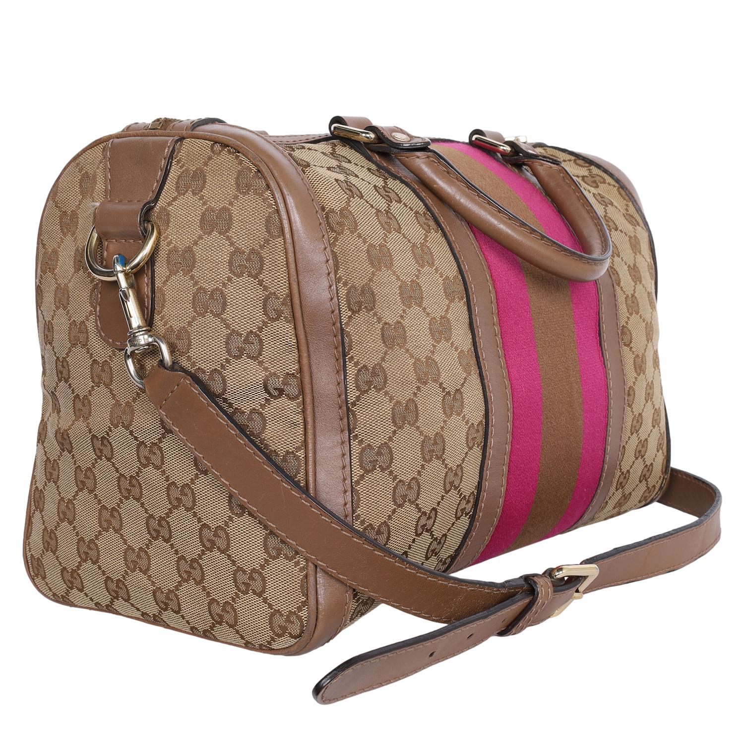 Gucci Pink Brown Web Boston Bag GG Canvas Cross Body Bag 4