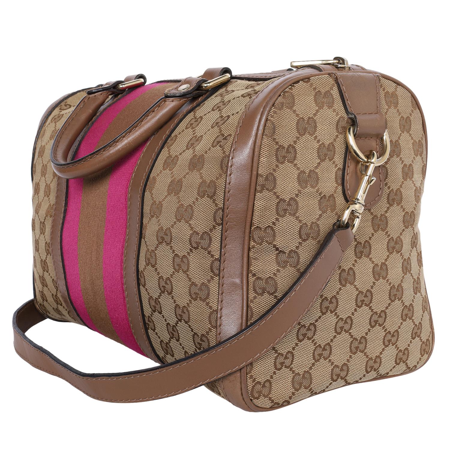 Gucci Pink Brown Web Boston Bag GG Canvas Cross Body Bag For Sale 5