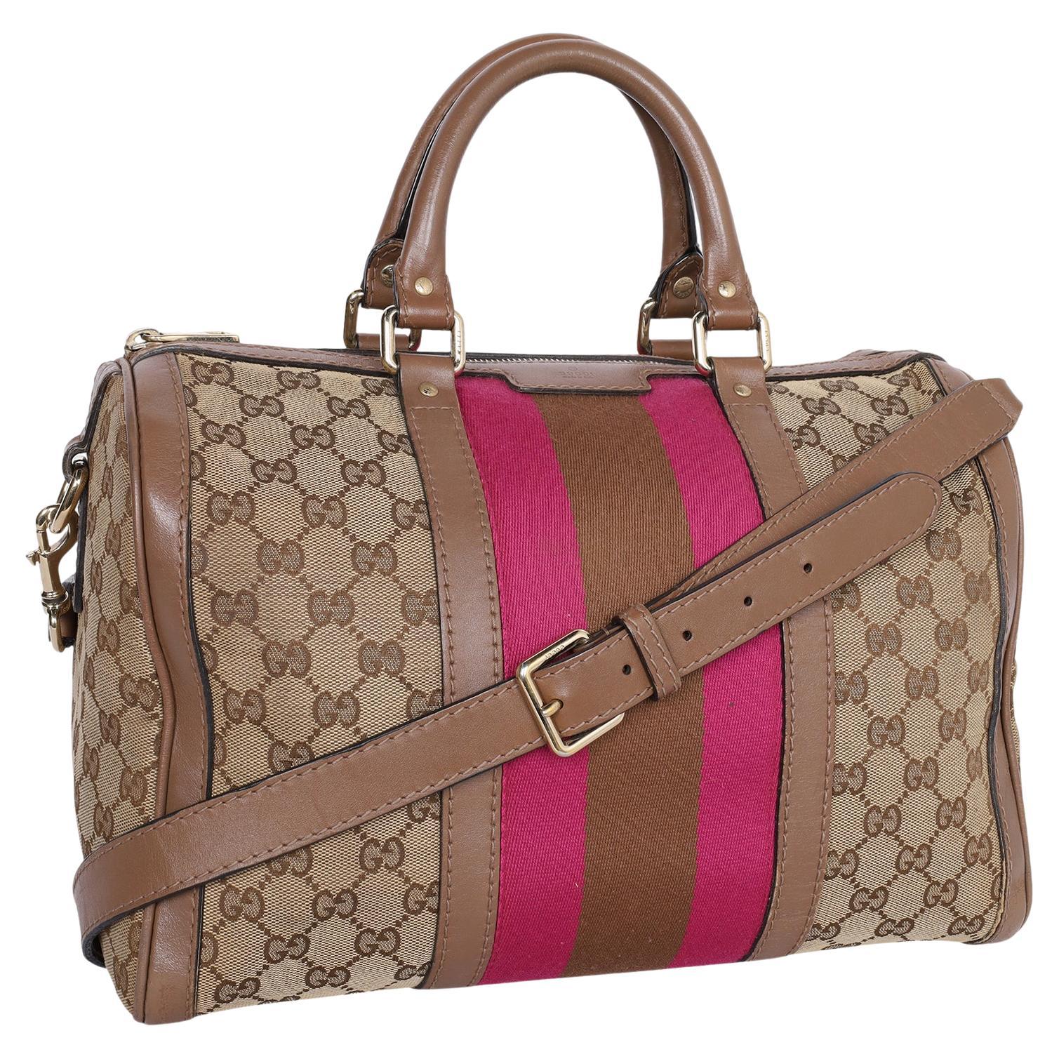 Gucci Pink Brown Web Boston Bag GG Canvas Cross Body Bag For Sale
