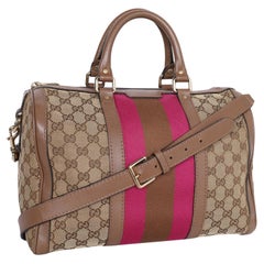 Gucci Pink Brown Web Boston Bag GG Canvas Cross Body Bag
