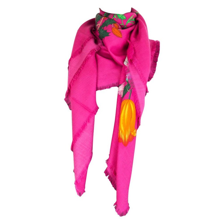 GUCCI pink cashmere silk ALL FLUO FLORA Shawl Scarf at 1stDibs