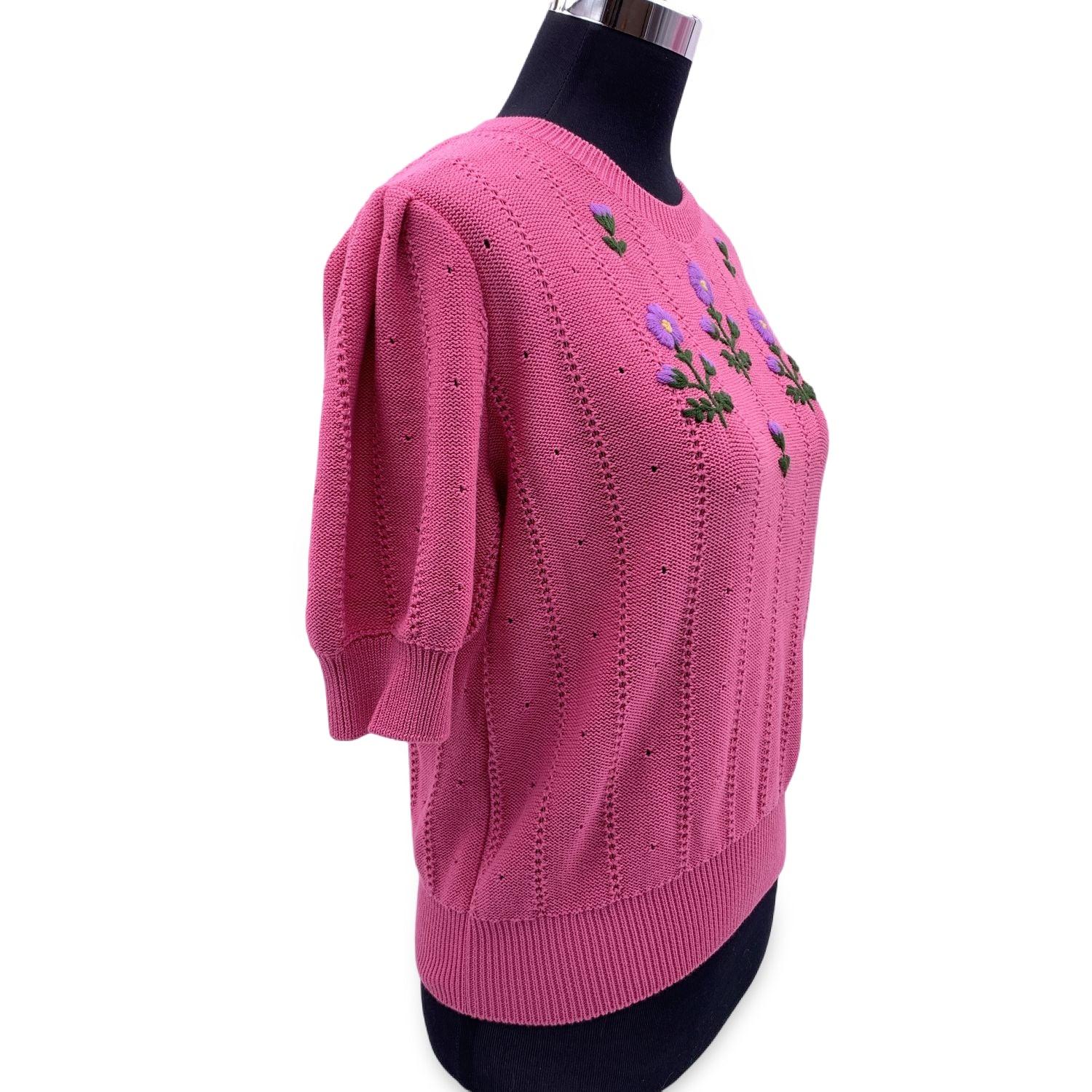 Gucci Pink Cotton Blend Floral Embroidery Mint Sweater Size XL In Excellent Condition In Rome, Rome