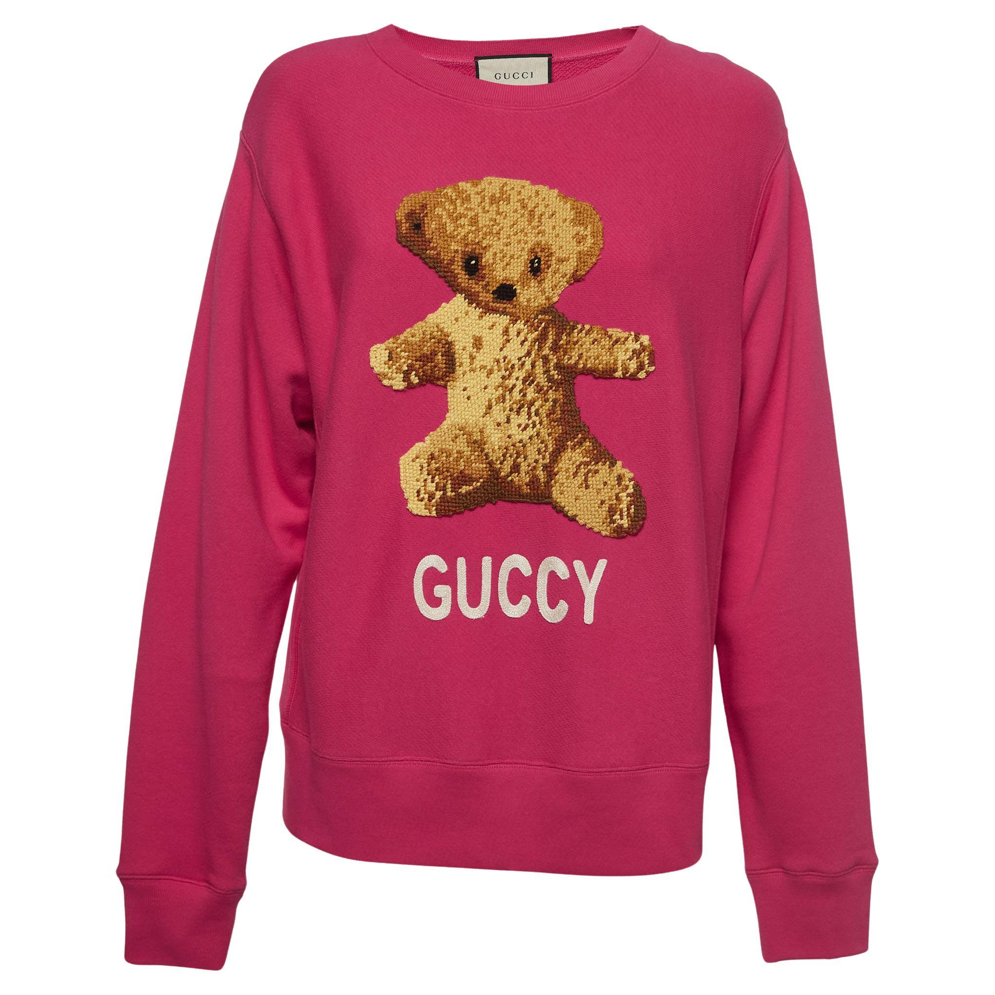 Gucci Pink Cotton Knit Embroidered Teddy Sweatshirt M For Sale