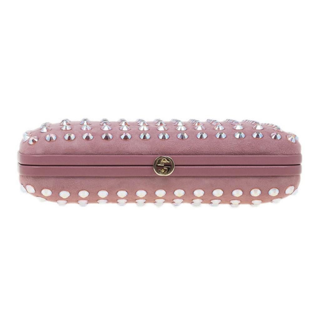 Gucci Pink Crystal Studs Suede Broadway Clutch In Excellent Condition In Dubai, Al Qouz 2