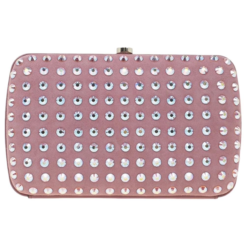 Gucci Pink Crystal Studs Suede Broadway Clutch