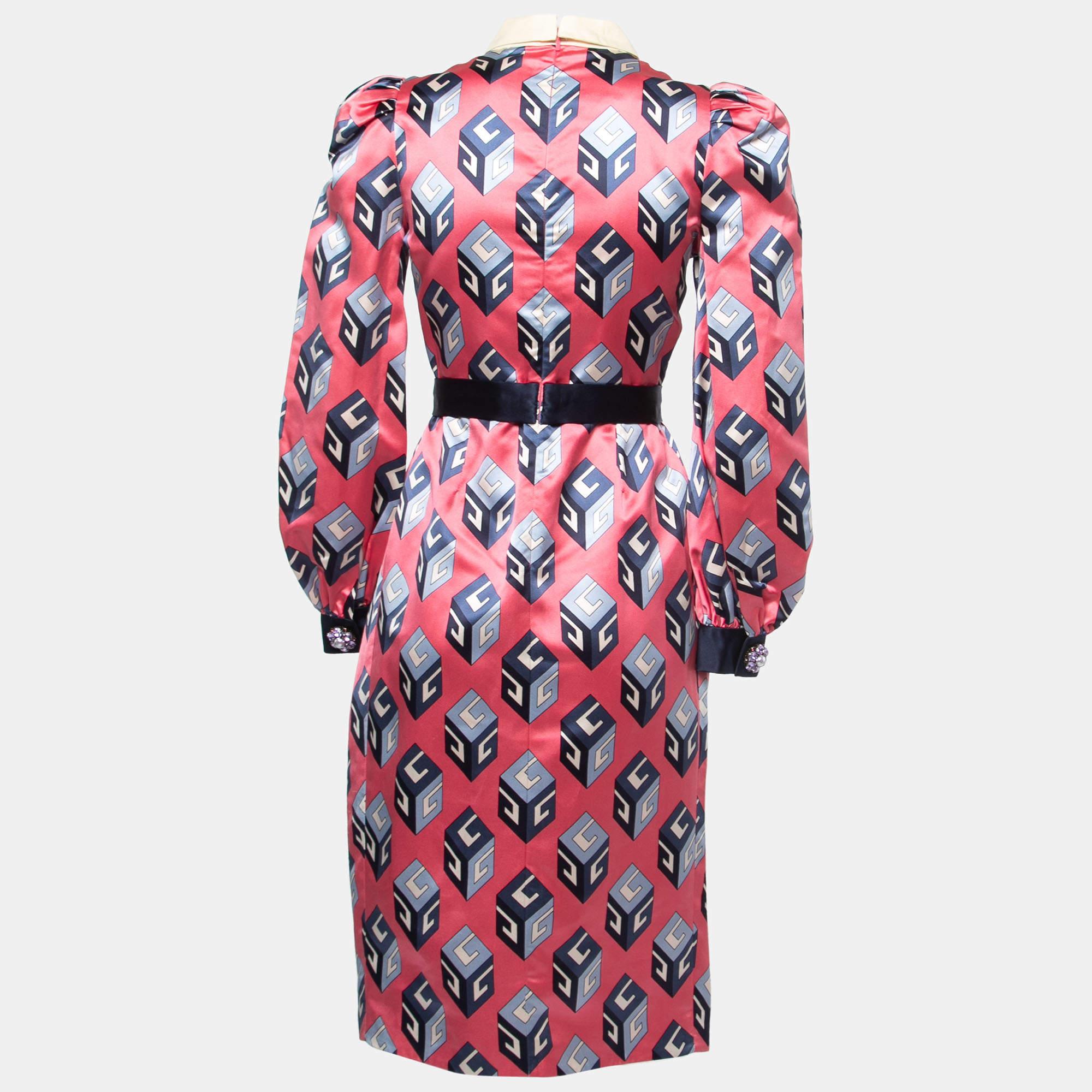 Women's Gucci Pink Cube Printed Satin Bow Belted Midi Dress 