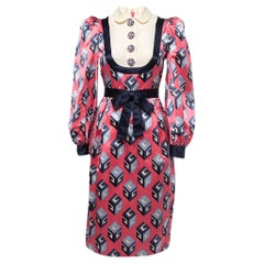 Gucci Pink Cube Printed Satin Bow Belted Midi Dress 