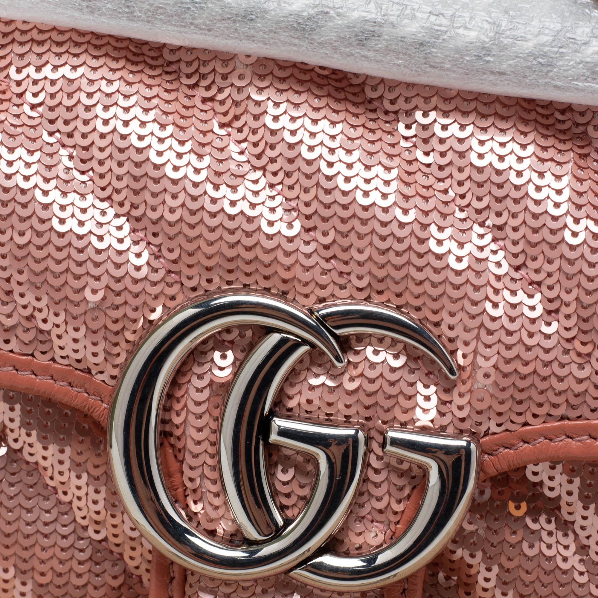 Gucci Pink Diagonal Sequins And Leather Mini GG Marmont Shoulder Bag 4