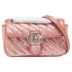 Gucci Pink Diagonal Sequins And Leather Mini GG Marmont Shoulder Bag