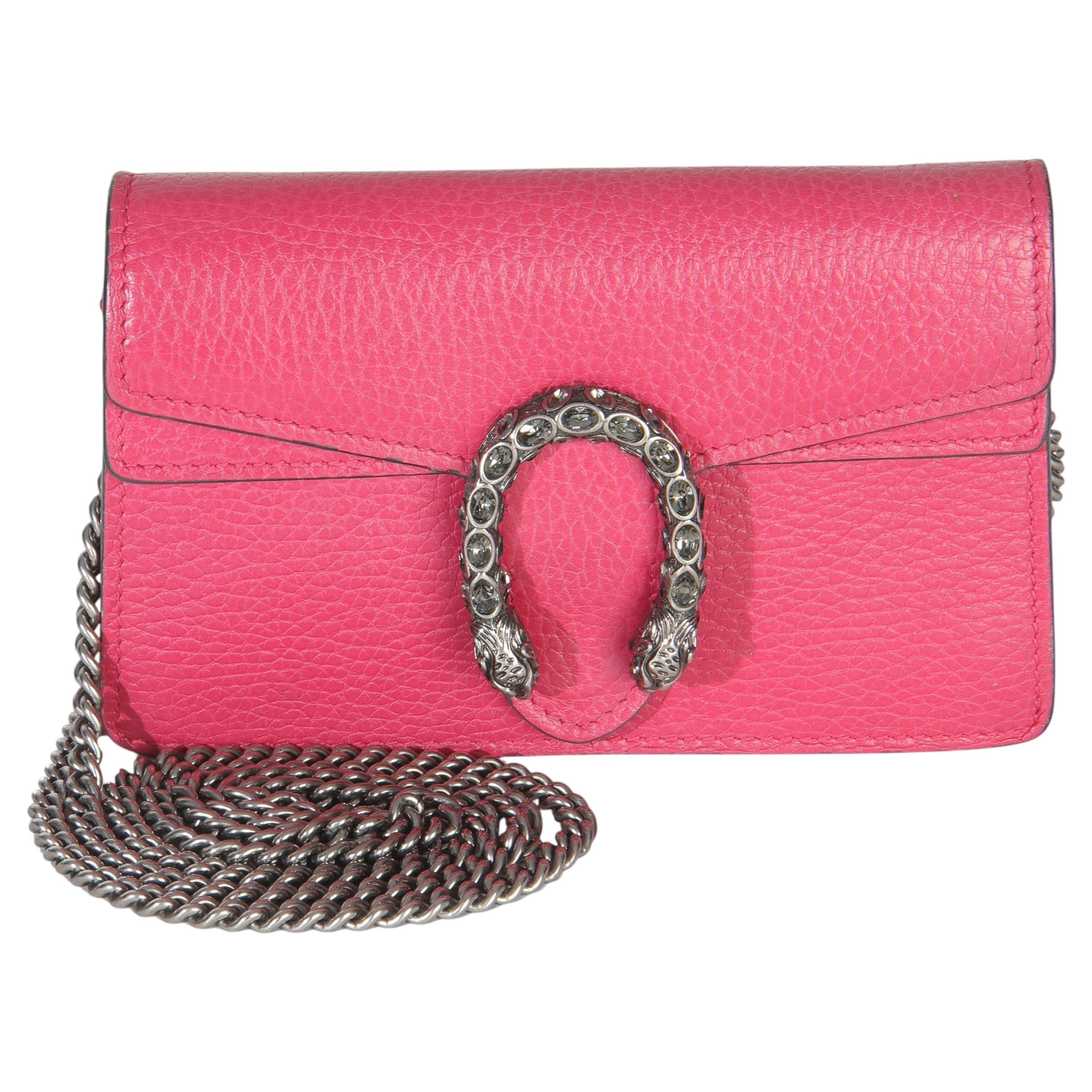 Gucci Flap Super Mini Dionysus in pelle di vitello rosa dollaro con cristalli