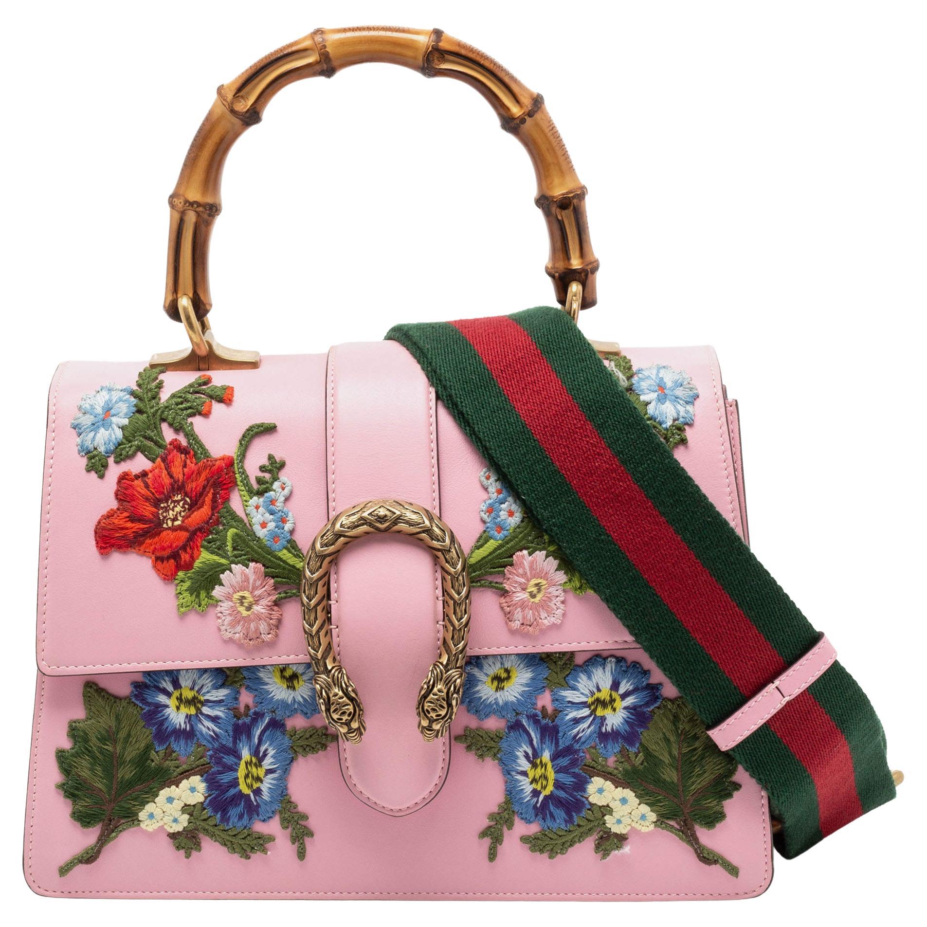 Gucci Pink Embroidered Leather Medium Dionysus Bamboo Top Handle Bag at