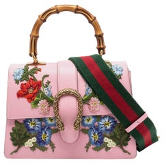 Gucci Pink Embroidered Leather Medium Dionysus Bamboo Top Handle Bag