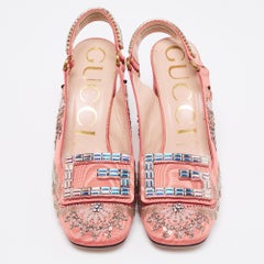 Gucci Pink Fabric Crystal Embellished Madelyn Slingback Pumps Size 37