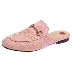Gucci Pink Floral Lace And Leather Princetown Flat Mule Sandals Size 36
