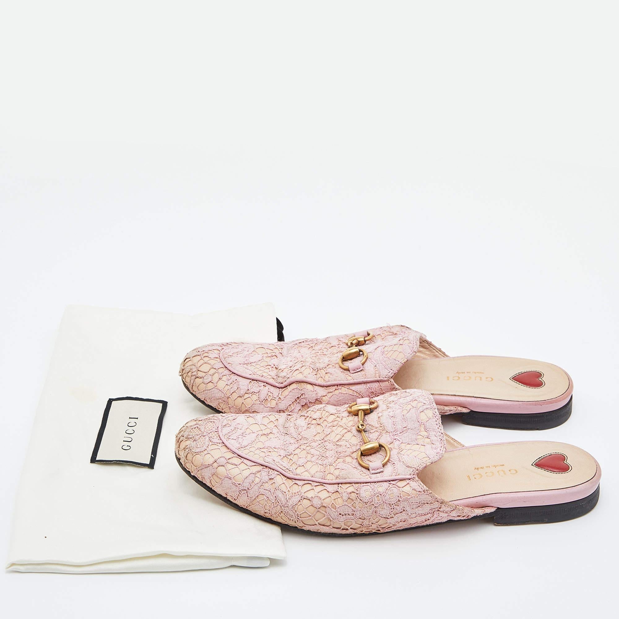 Gucci Pink Floral Lace and Leather Princetown Flat Mule Size 37.5 For Sale 2