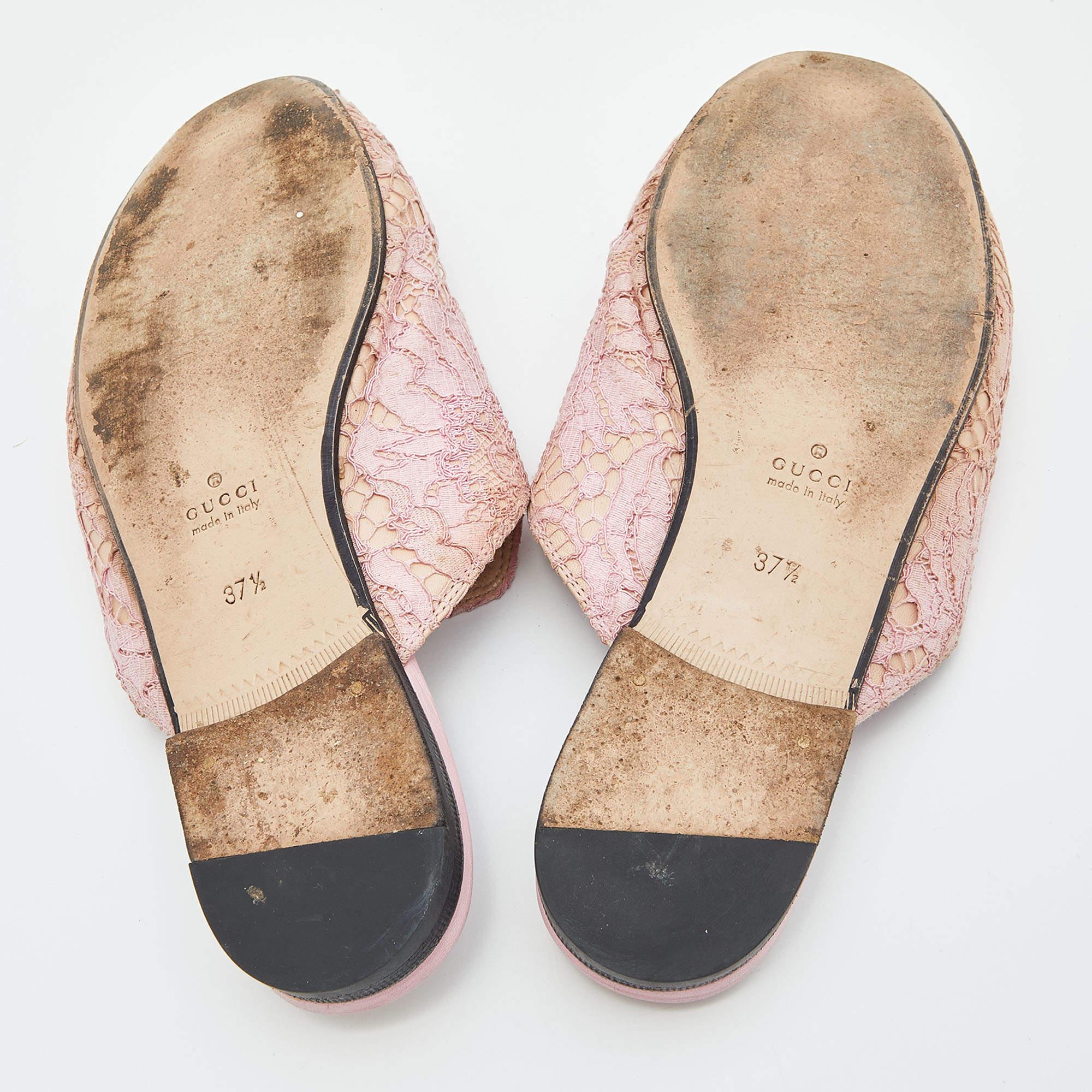 Gucci Pink Floral Lace and Leather Princetown Flat Mule Size 37.5 For Sale 4