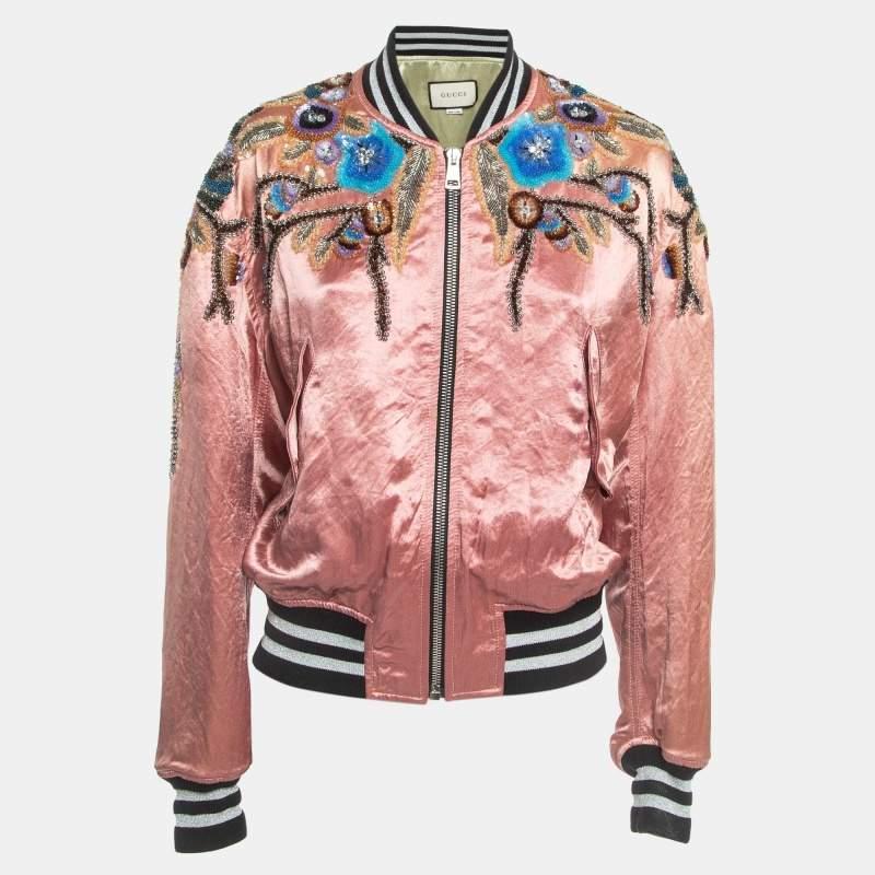 Gucci Pink Floral Sequin Embroidered Satin Bomber Jacket M In Good Condition For Sale In Dubai, Al Qouz 2