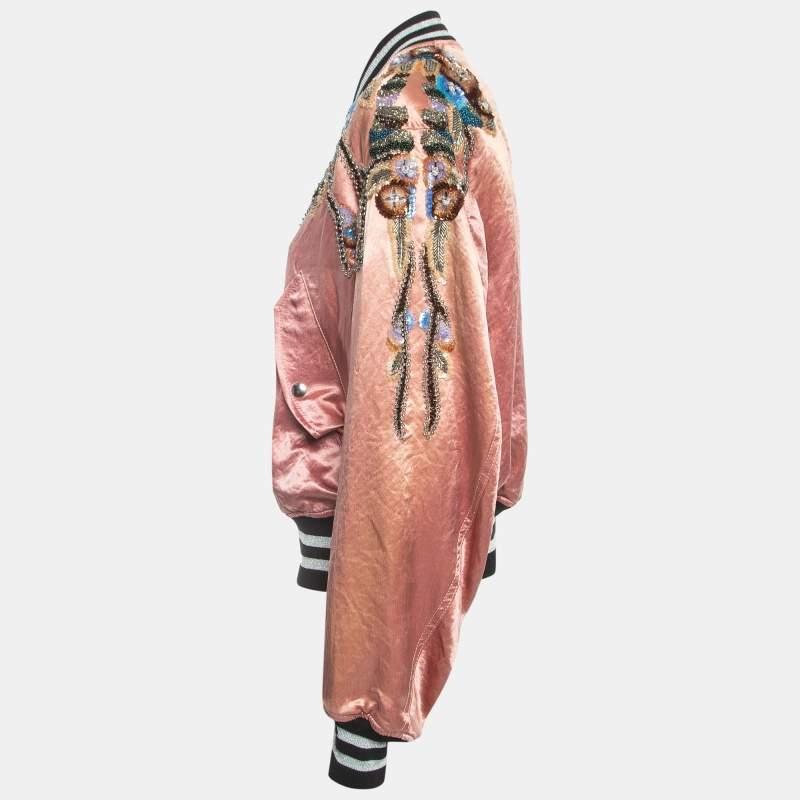 Gucci Pink Floral Sequin Embroidered Satin Bomber Jacket M In Good Condition In Dubai, Al Qouz 2