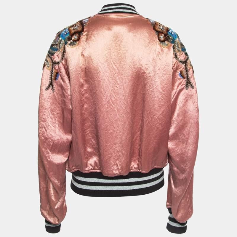 Women's Gucci Pink Floral Sequin Embroidered Satin Bomber Jacket M
