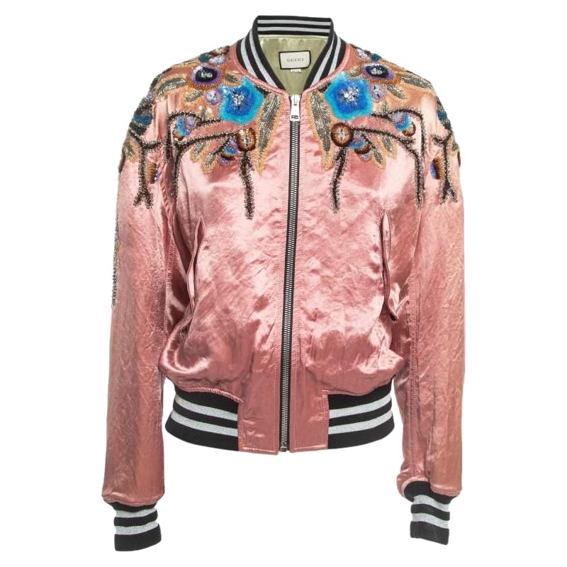 Gucci Pink Floral Sequin Embroidered Satin Bomber Jacket M