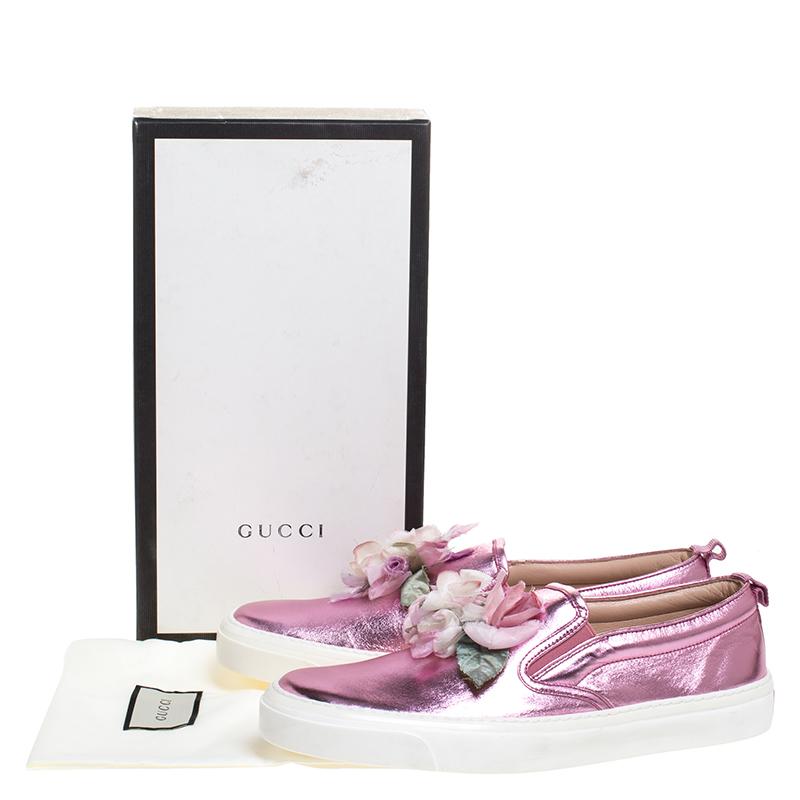 Gucci Pink Foil Leather Flower Slip On Sneakers Size 40 3