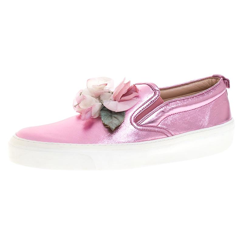 Gucci Pink Foil Leather Flower Slip On Sneakers Size 40