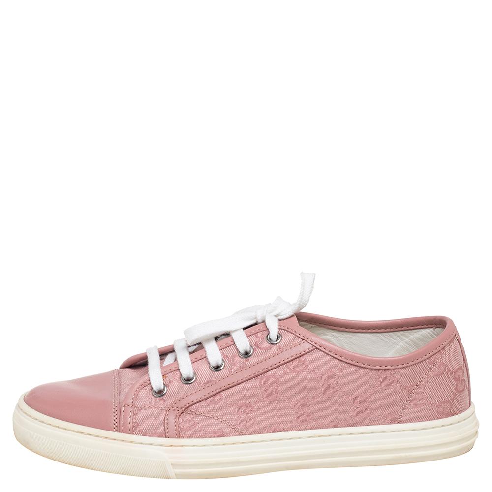 Beige Gucci Pink GG Canvas And Leather Low Top Sneakers Size 39