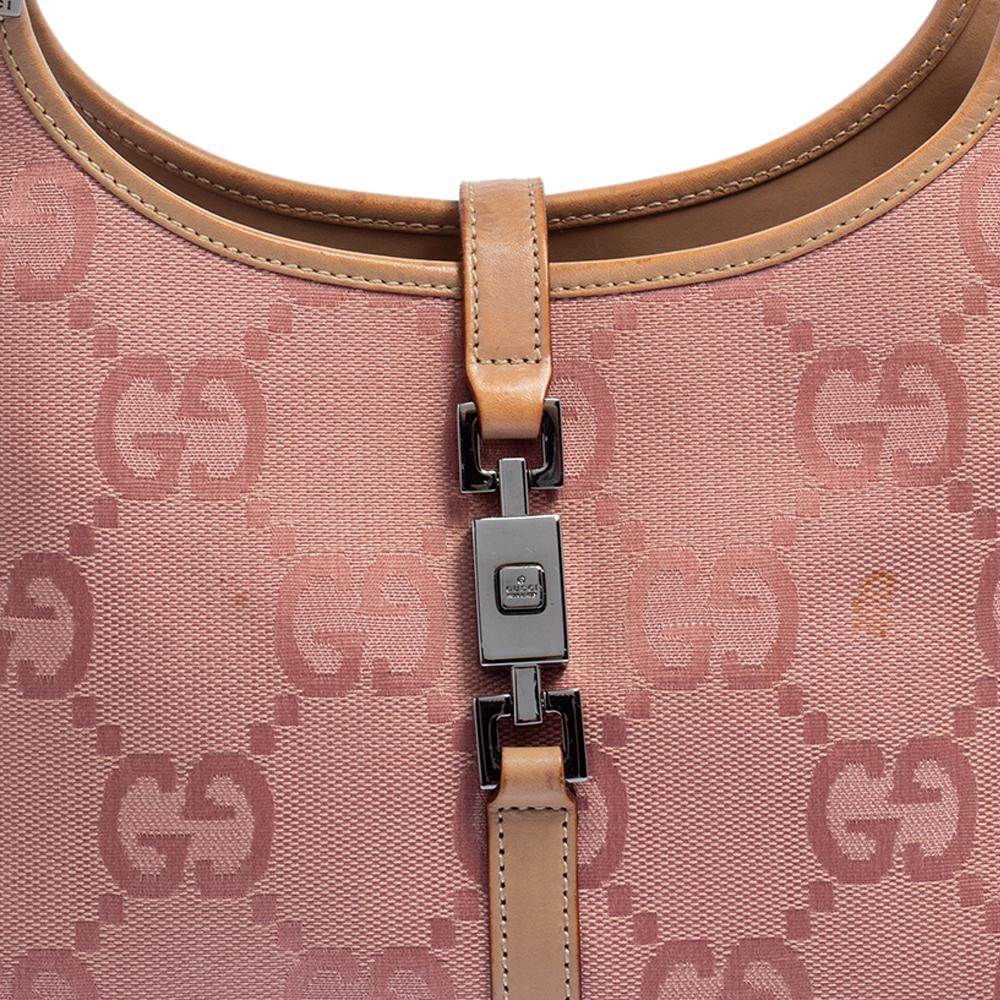 Gucci Pink GG Canvas and Leather Trim Jackie Shoulder Bag In Good Condition In Dubai, Al Qouz 2