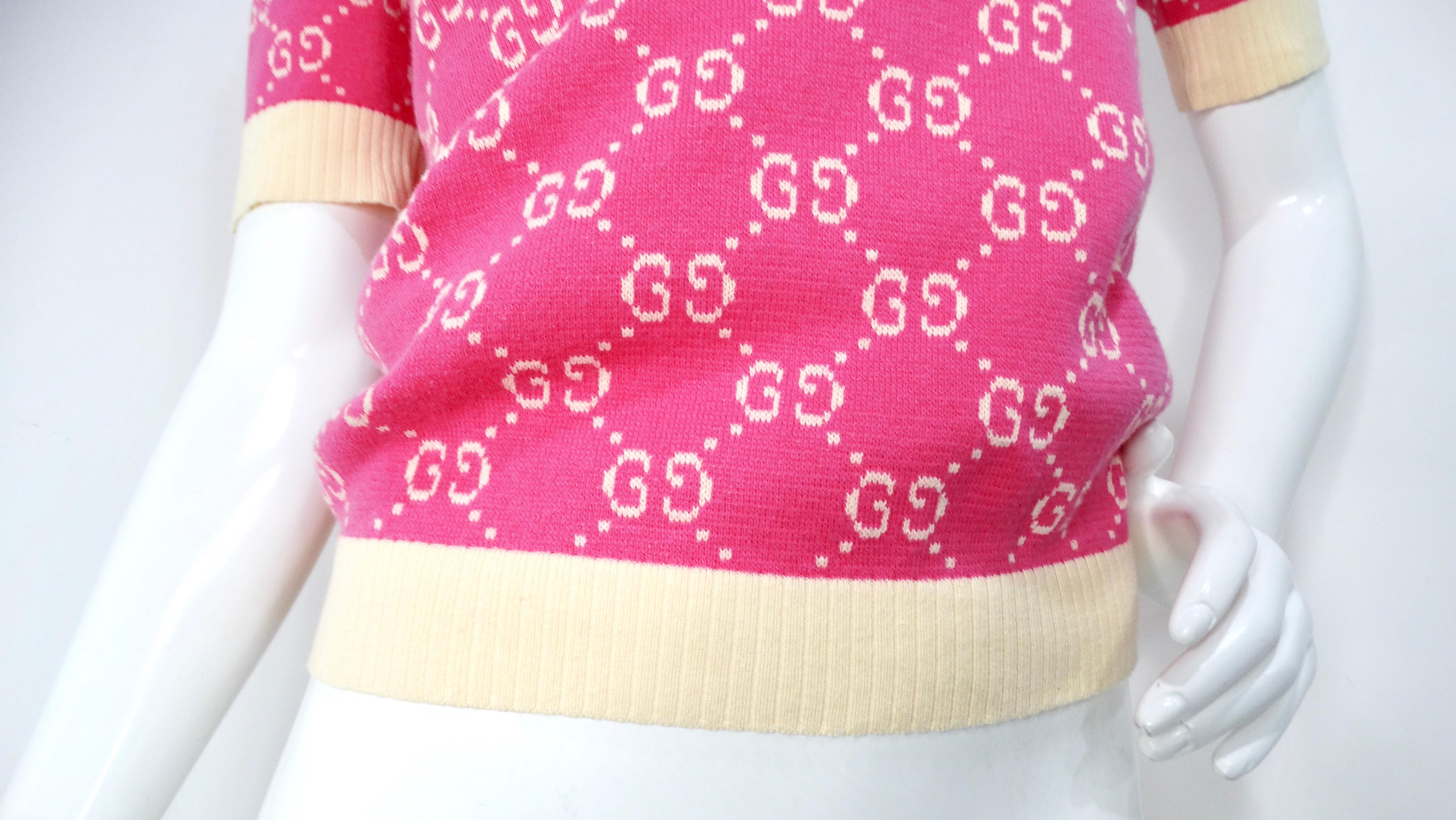 Gucci Pink GG Monogram Logo Cotton Knit Top In Good Condition For Sale In Scottsdale, AZ